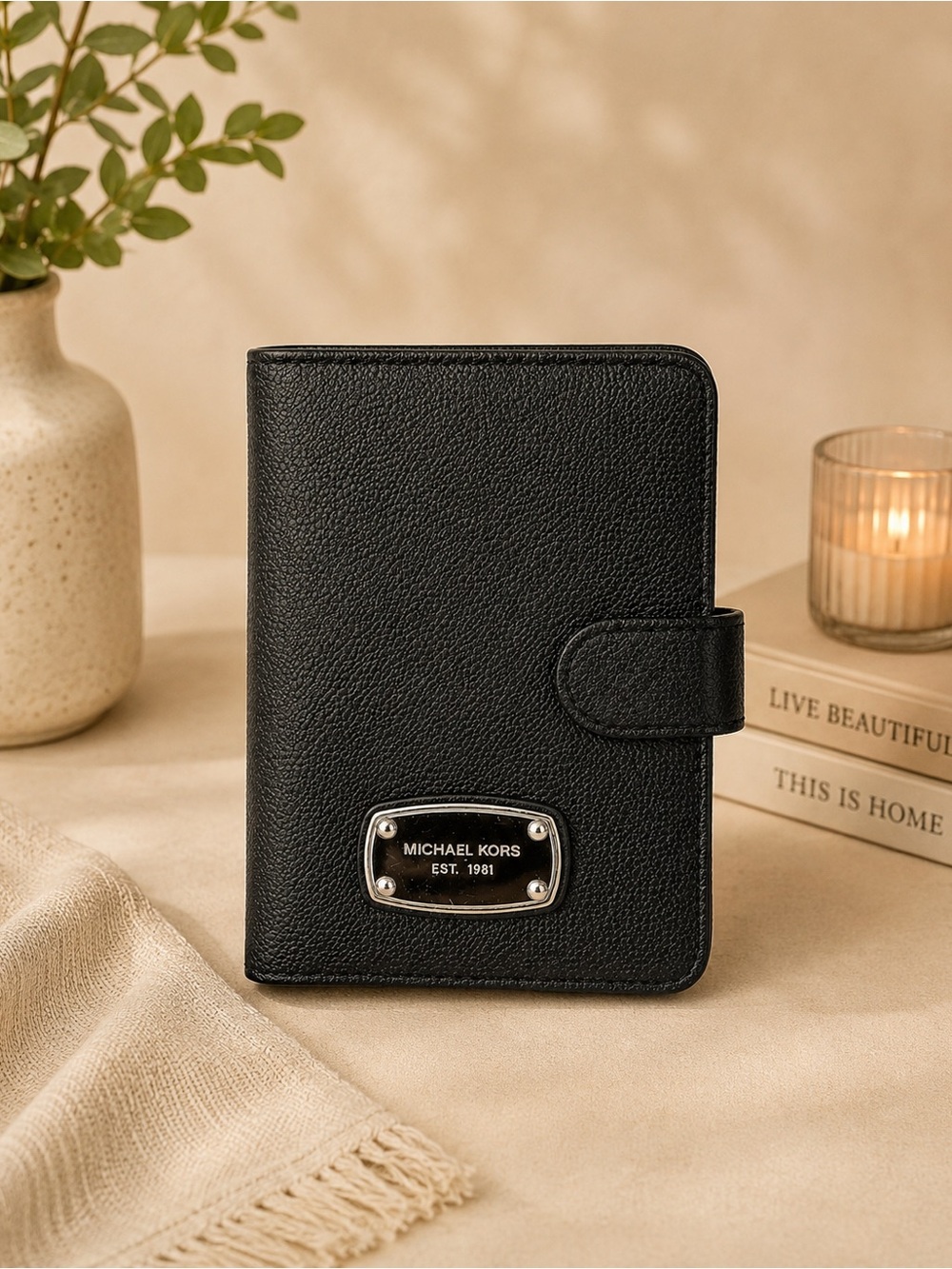 Michael Kors Black Pebbled Leather Travel Wallet with Silver Plaque